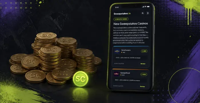 Stack of GC coins and SC coin next to phone displaying new Sweepstakes casinos