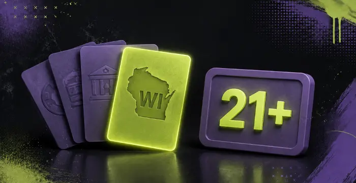 Glowing Wisconsin WI card among purple cards beside 21+ sign