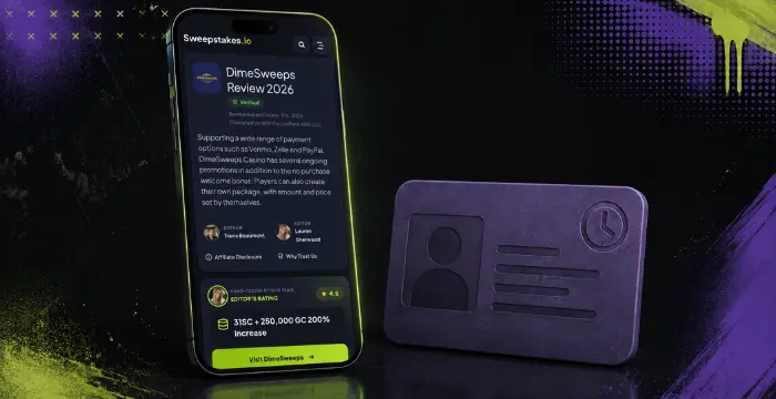 Phone displaying DimeSweeps Review 2026 next to timed ID card