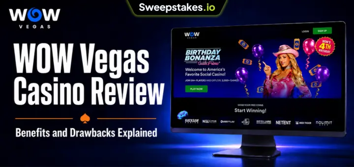 WOW Vegas review banner with desktop casino lobby and blue sweepstakes branding.