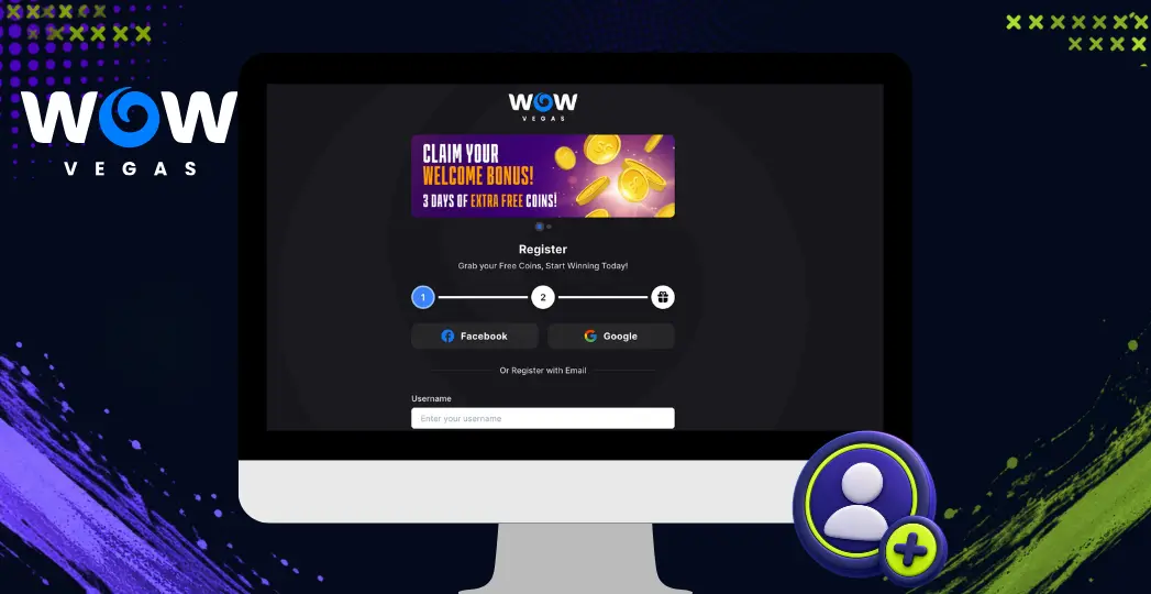 WOW Vegas registration screen on desktop with account icon.