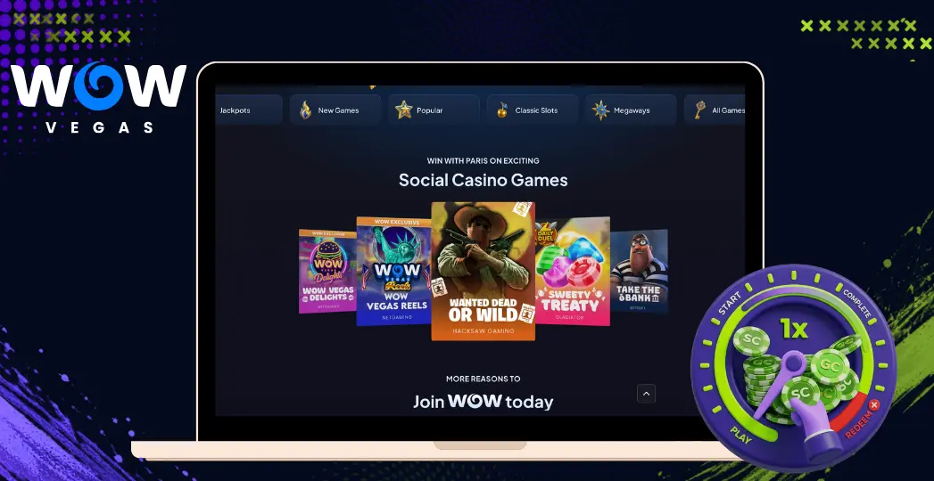 WOW Vegas social casino games page on desktop with play meter.