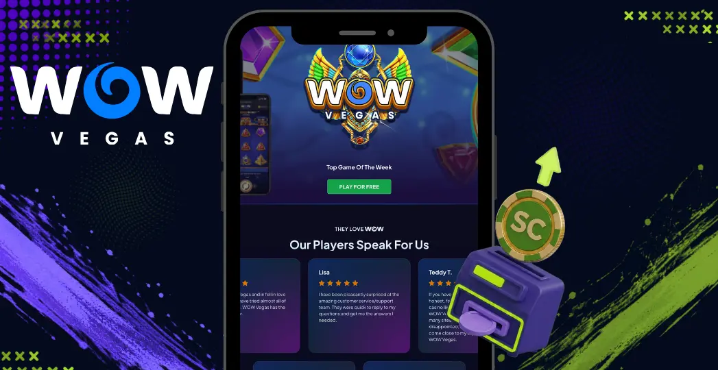 WOW Vegas mobile reviews screen with SC coin and payment icon.