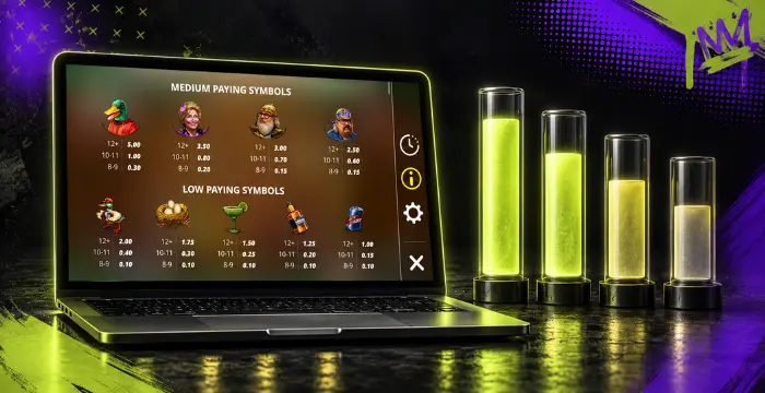 Duck Hunters slot game symbols and payout table on laptop screen