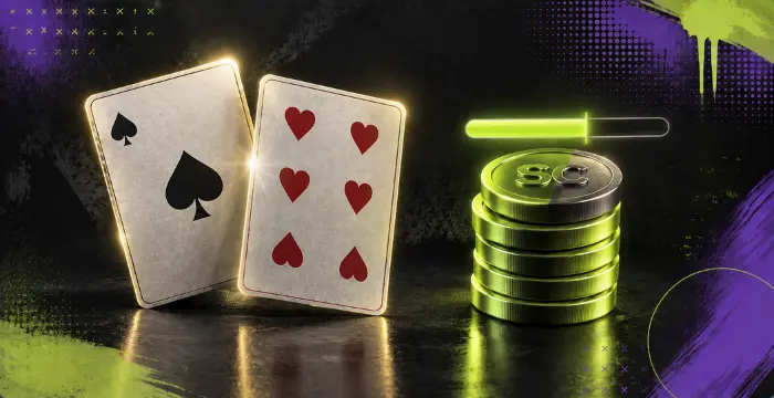 Baccarat cards with Sweeps Coin stack showing wager progress