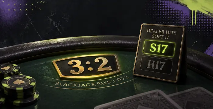 Blackjack table showing 3:2 payout and dealer hits soft 17 rule
