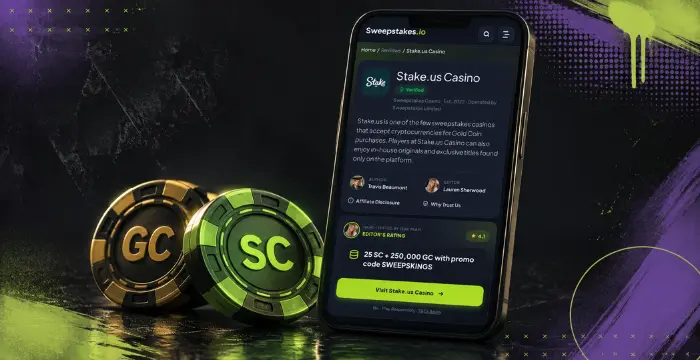 Stake.us casino review on mobile with Gold Coins, Sweeps Coins, and bonus offer details