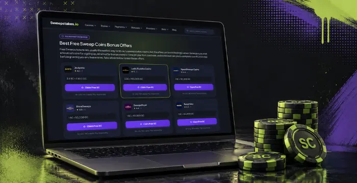Best Sweeps Coins bonus offers on laptop with stacked SC coins and casino promotions