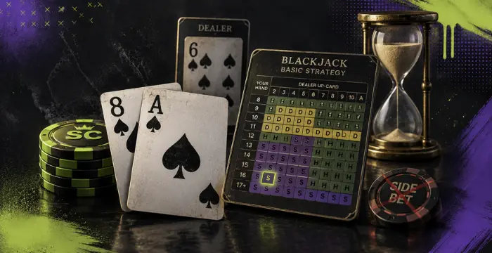 Blackjack basic strategy chart with player cards, dealer six, side bet, and Sweeps Coins