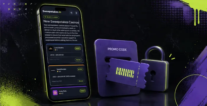Phone displaying New Sweepstakes Casinos next to promo code lock