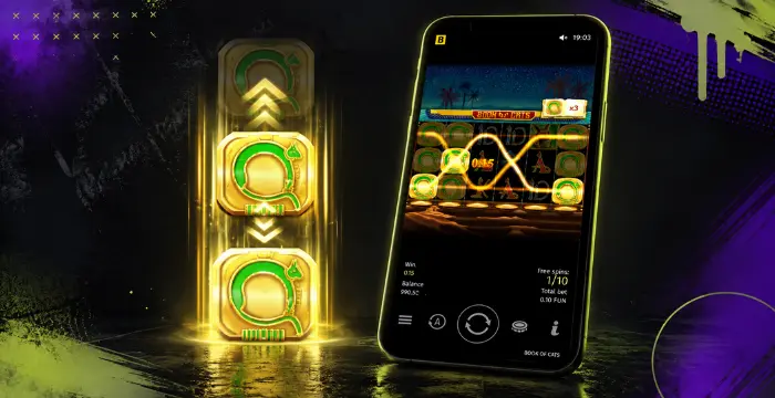Phone displaying Book of Cats free spins beside stacked Q symbols