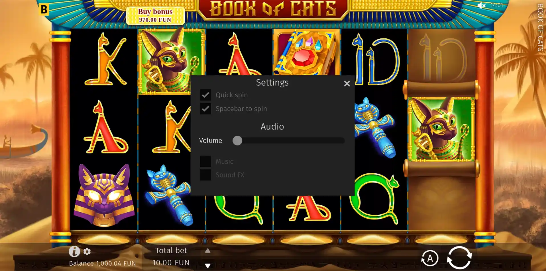 Book of Cats slot with settings menu for spin and audio options