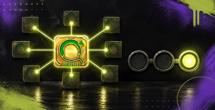 Glowing Q symbol connected to icons with progress indicator