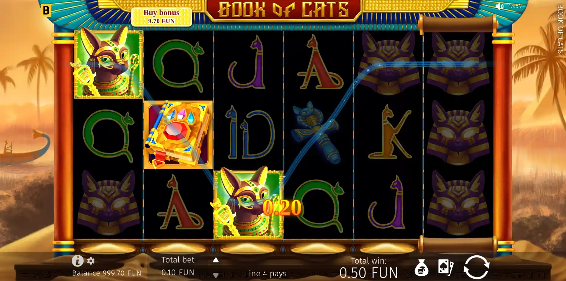 Book of Cats reels displaying a winning line with cat symbols