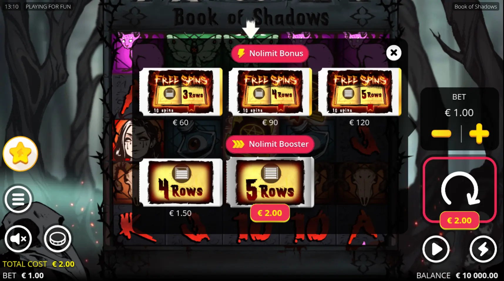 Book of Shadows free spins bonus selection with row options