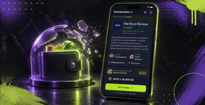 Phone displaying The Boss Review beside shattered glass wallet dome