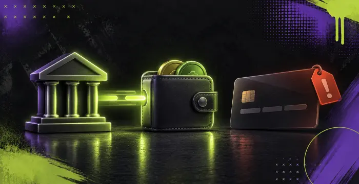 Bank linked to wallet with coins next to warning credit card