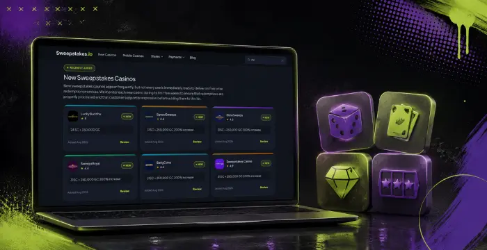 New sweepstakes casinos with dice, cards, gems and slot game icons