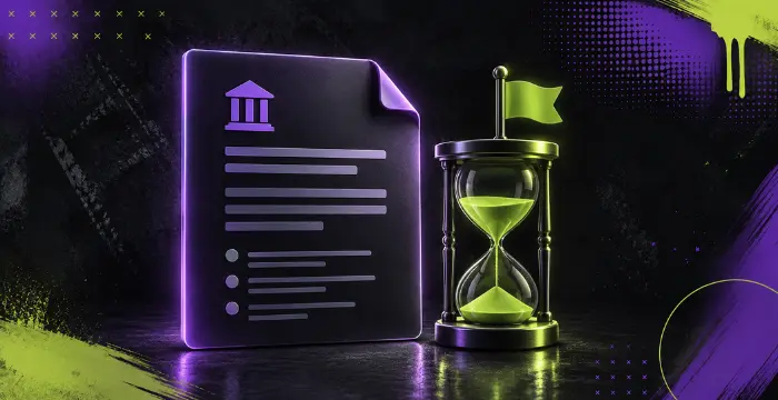 Bank document checklist next to hourglass with green flag