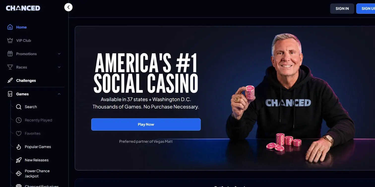 Chanced sweepstakes casino homepage with social gaming offers and promotions.