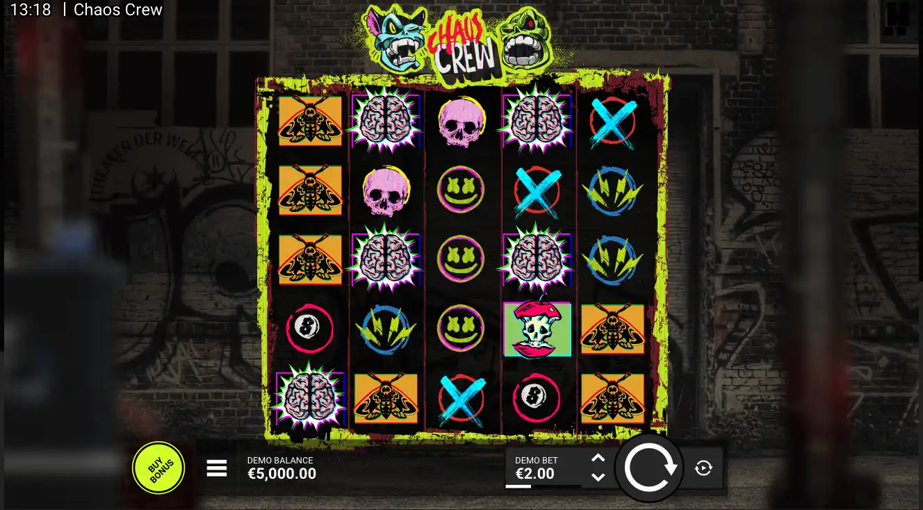 Chaos Crew slot game with skulls, brains, moths, smiley symbols, and €2 demo bet