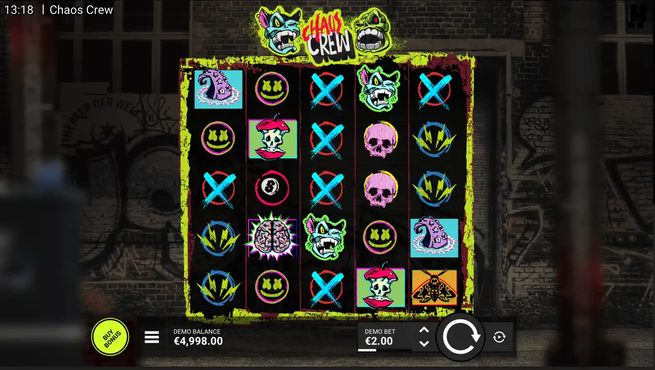 Chaos Crew slot reels with skulls, brains, cats, tentacles, X symbols, and €2 demo bet