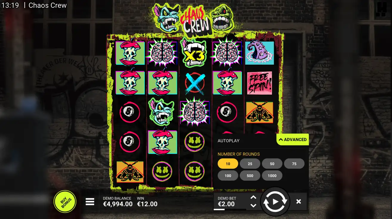 Chaos Crew slot with x3 multiplier, Free Spin symbol, autoplay menu, and €12 demo win