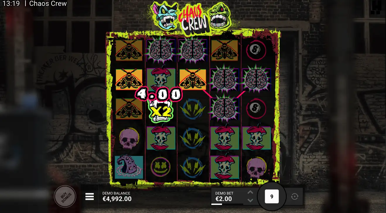 Chaos Crew slot with x2 multiplier win, brains, moths, skulls, and €2 demo bet