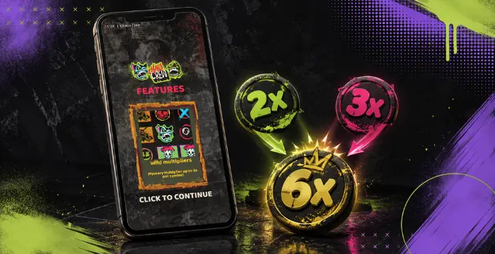 Chaos Crew slot game showing bonus features and multiplier symbols