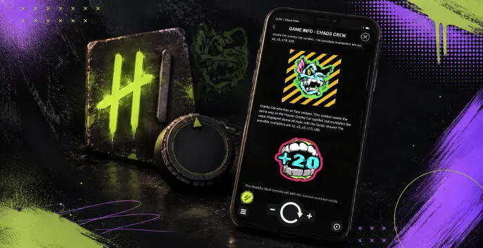 Chaos Crew game info on mobile with mystery wild feature, +20 symbol, and game controls