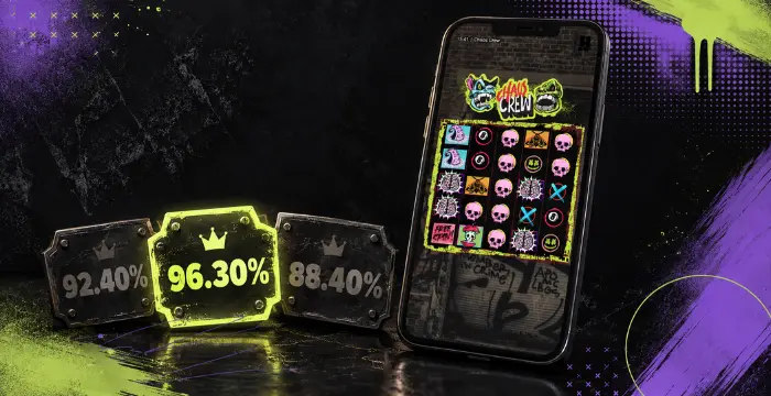 Chaos Crew slot on mobile with RTP options 92.40%, 96.30%, and 88.40%