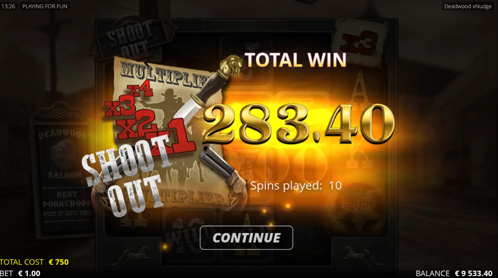 Deadwood total win screen of 283.40 with Shoot Out multipliers
