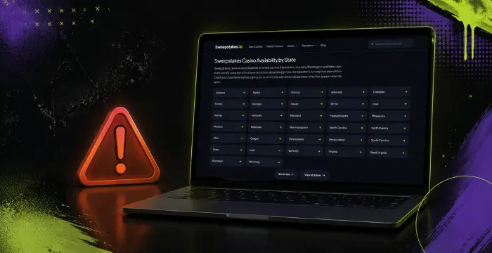 Sweepstakes casino availability by state with warning notice.