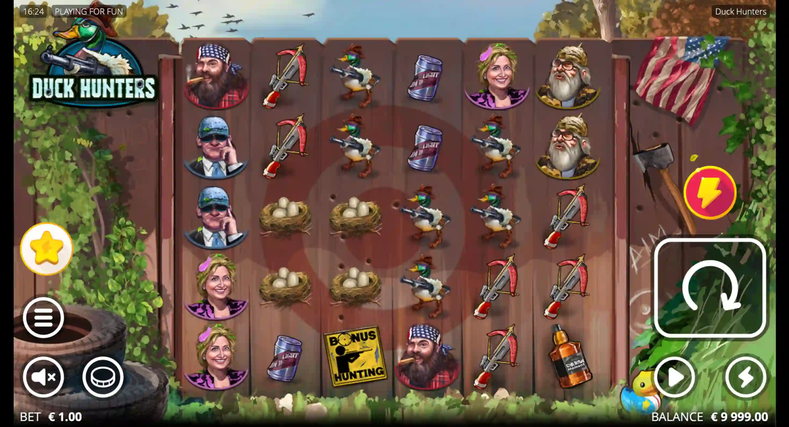 Duck Hunters slot game with hunting symbols, bonus tile, €1 bet, and spin controls