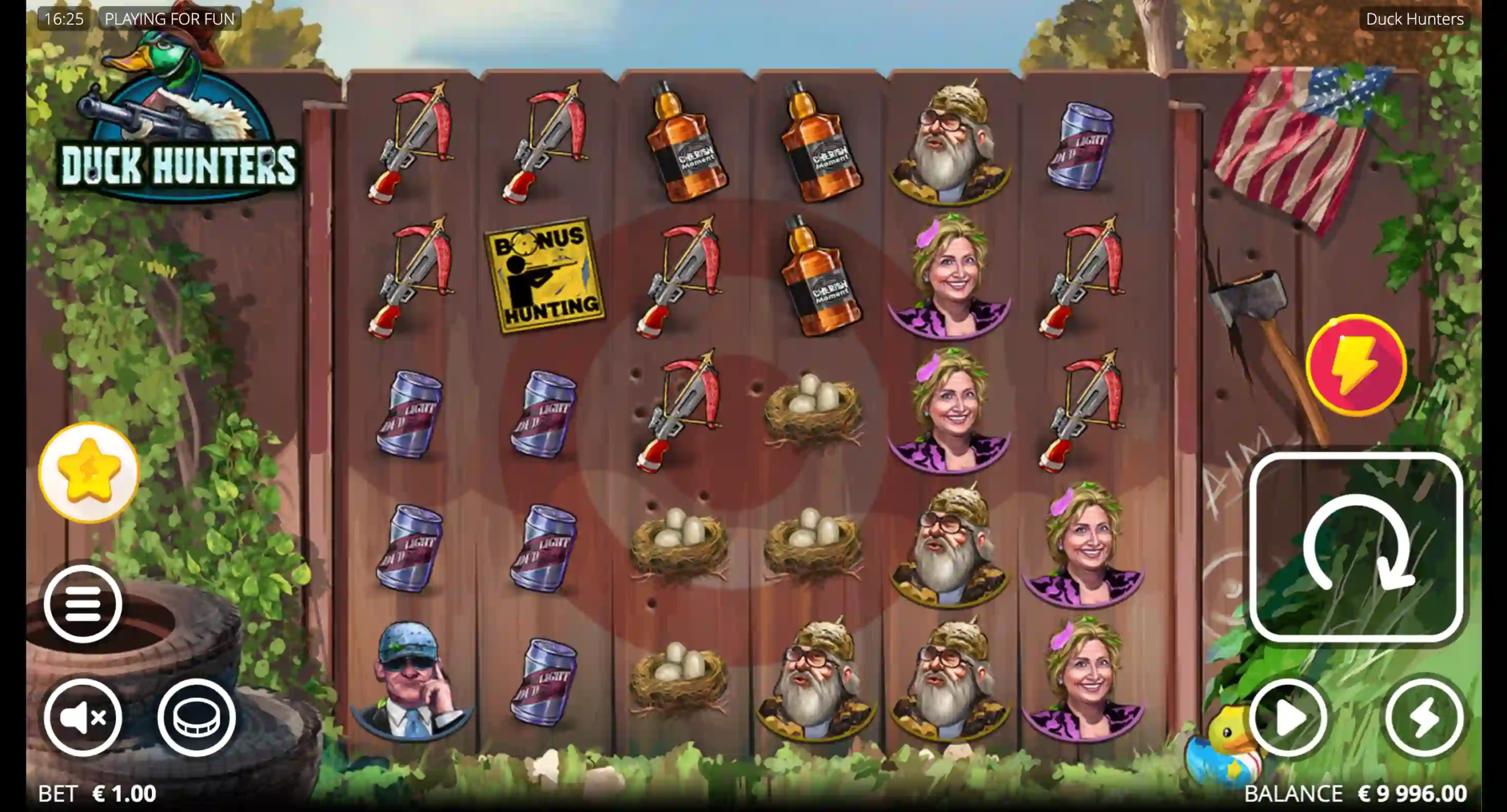Duck Hunters slot reels with crossbows, bonus tile, cans, nests, characters, and €1 bet