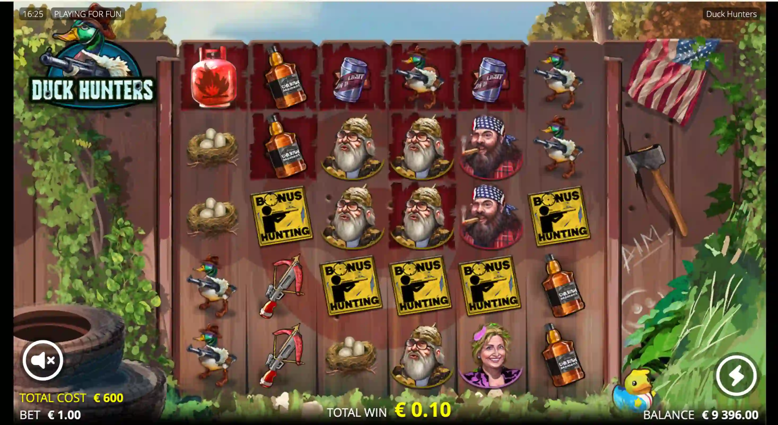 Duck Hunters slot with multiple Bonus Hunting symbols, character reels, €600 cost, and €0.10 win