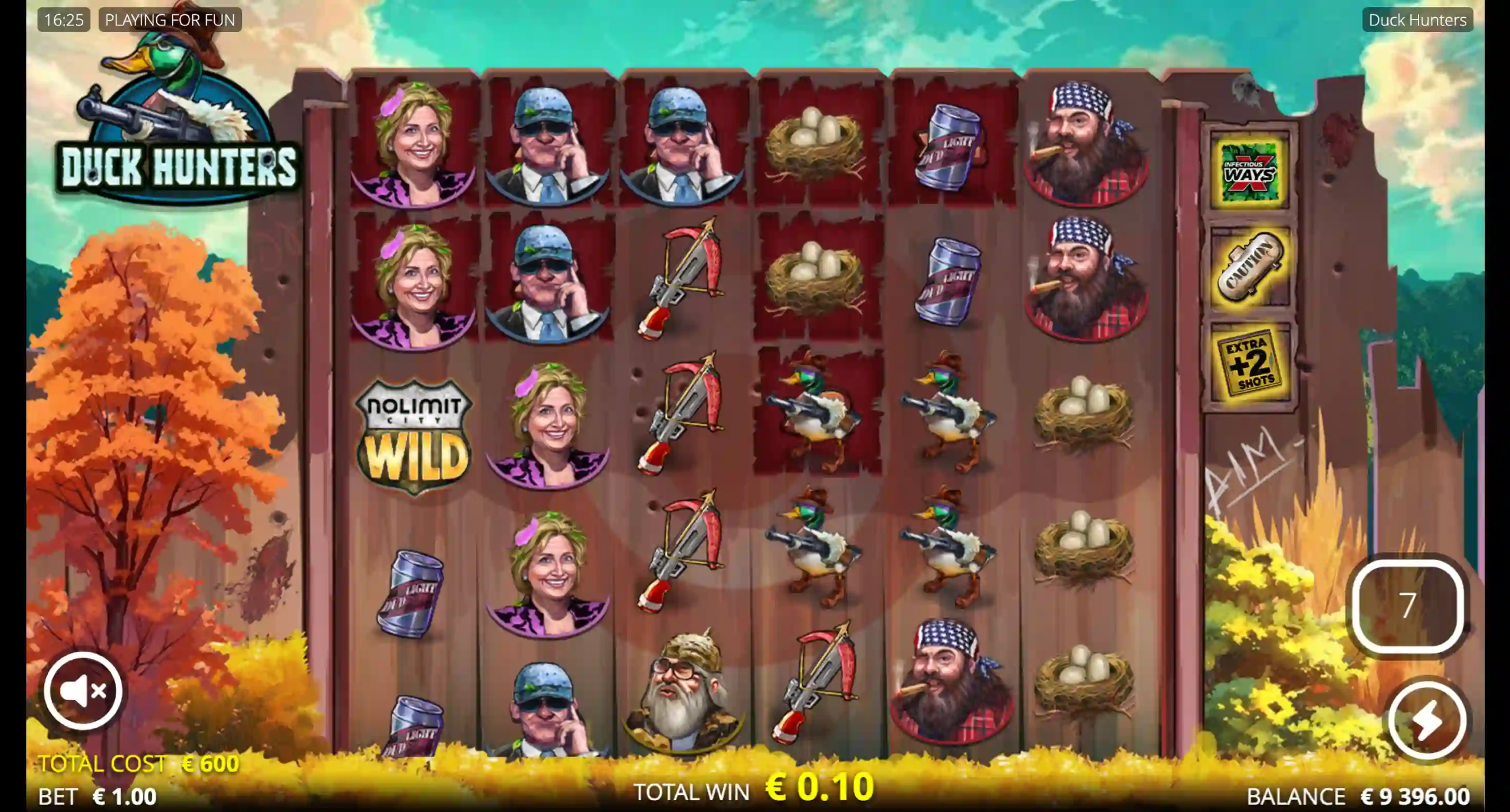 Duck Hunters bonus round with Wild symbol, feature icons, hunting reels, and €0.10 win