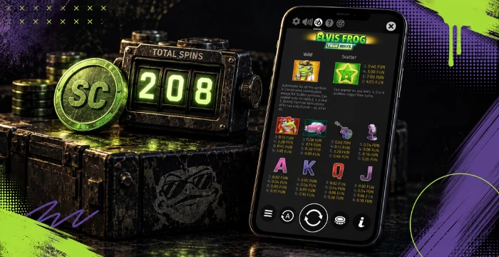 Elvis Frog in Vegas mobile slot gameplay with SC coin and features