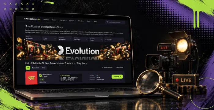 Evolution live casino page on laptop with camera, spotlight, and live gaming equipment.