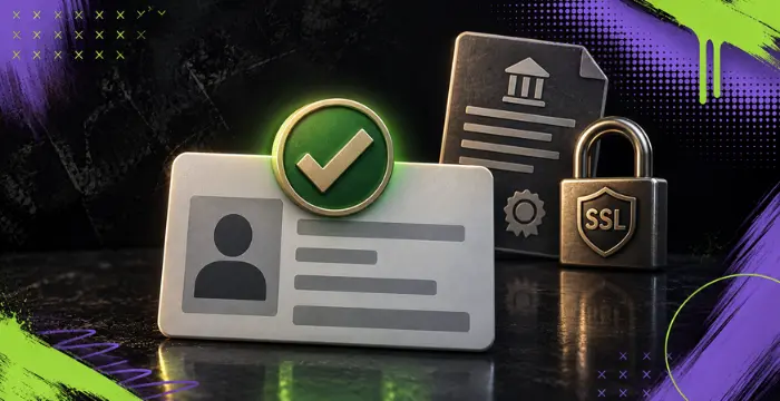 Secure account verification concept with ID approval, document, SSL lock, and compliance symbols.