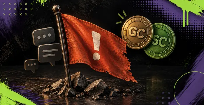 Warning flag concept with chat symbols and GC/SC coins, representing alerts, issues, or account concerns.