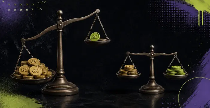 Gold Coins and Sweeps Coins compared on balance scales