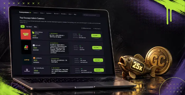 Laptop showing top sweepstakes casinos with Gold Coins and fish game token.
