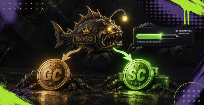Fish game boss battle with GC and SC rewards, payout meter, and monster fish.
