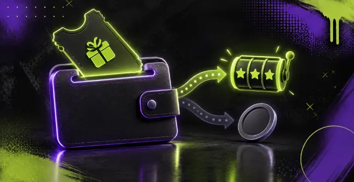 Free spins bonus ticket with wallet and slot reward icons