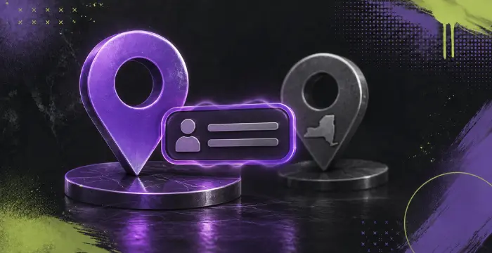 Location verification concept with map pins and digital ID card for sweepstakes access