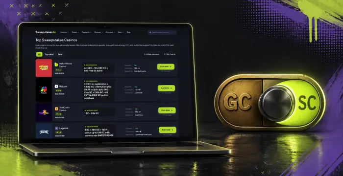 Top sweepstakes casinos on laptop with Gold Coins and Sweeps Coins toggle graphic