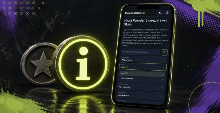 Most popular sweepstakes slots page with RTP filter and glowing information icon