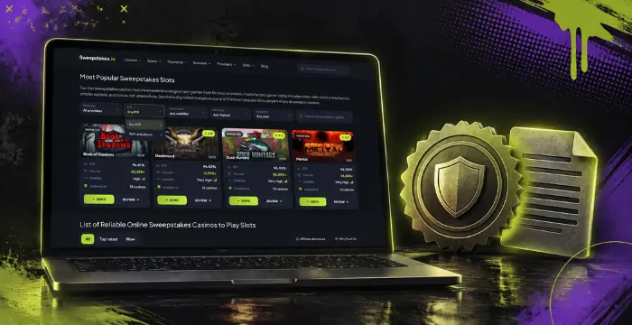 Popular sweepstakes slots on laptop with casino ratings, security shield, and review document