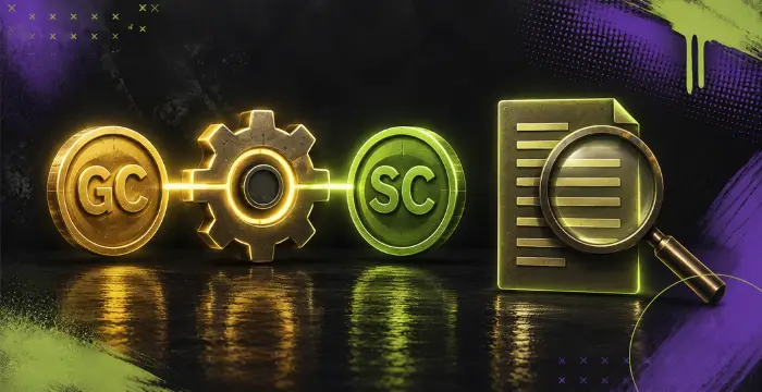 Gold Coins and Sweeps Coins conversion graphic with document review icon